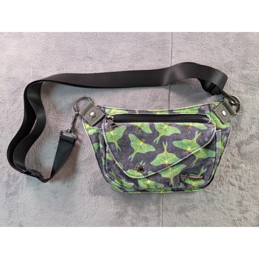 Lux Hip Canvas 11" Pouch By Sipsey Wilder Moths Green Canvas Crossbody Fanny Bag